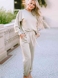 Thumbnail for Round Neck Dropped Shoulder Top and Pants Lounge Set - T - 1 COLOR -