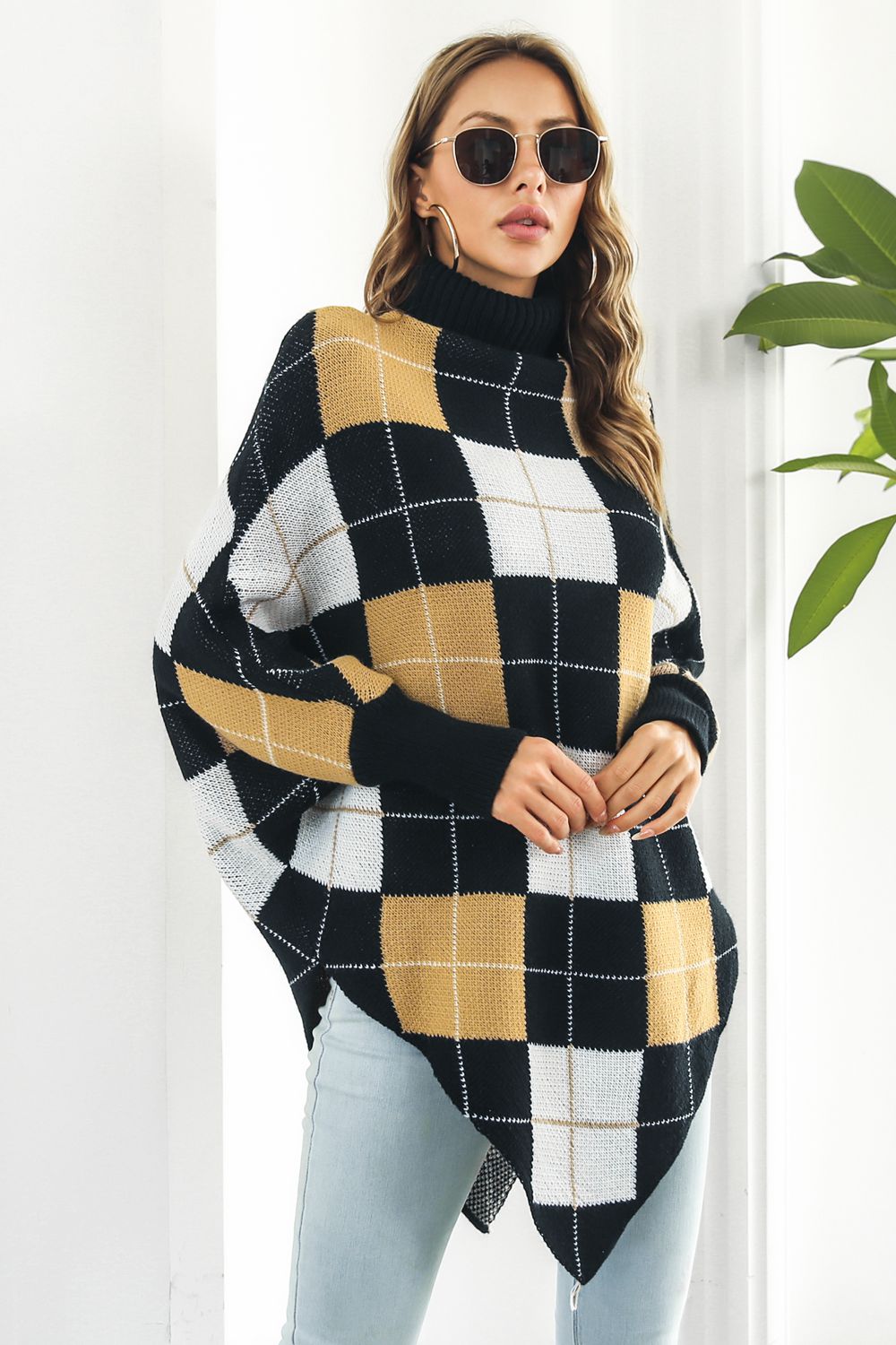 Plaid Turtleneck Dolman Sleeve Poncho - T - 1 COLOR -