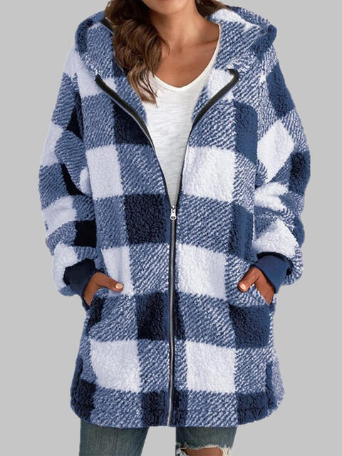 Plaid Zip-Up Hooded Jacket with Pockets - T - 7 COLORS -