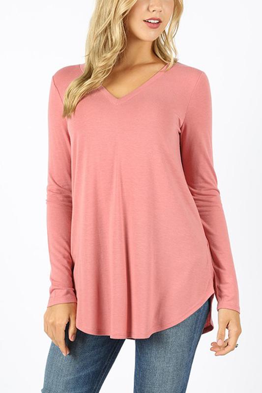 Riah Fashion - Premium Long Sleeve V-Neck Round Hem Top - 11 COLORS -