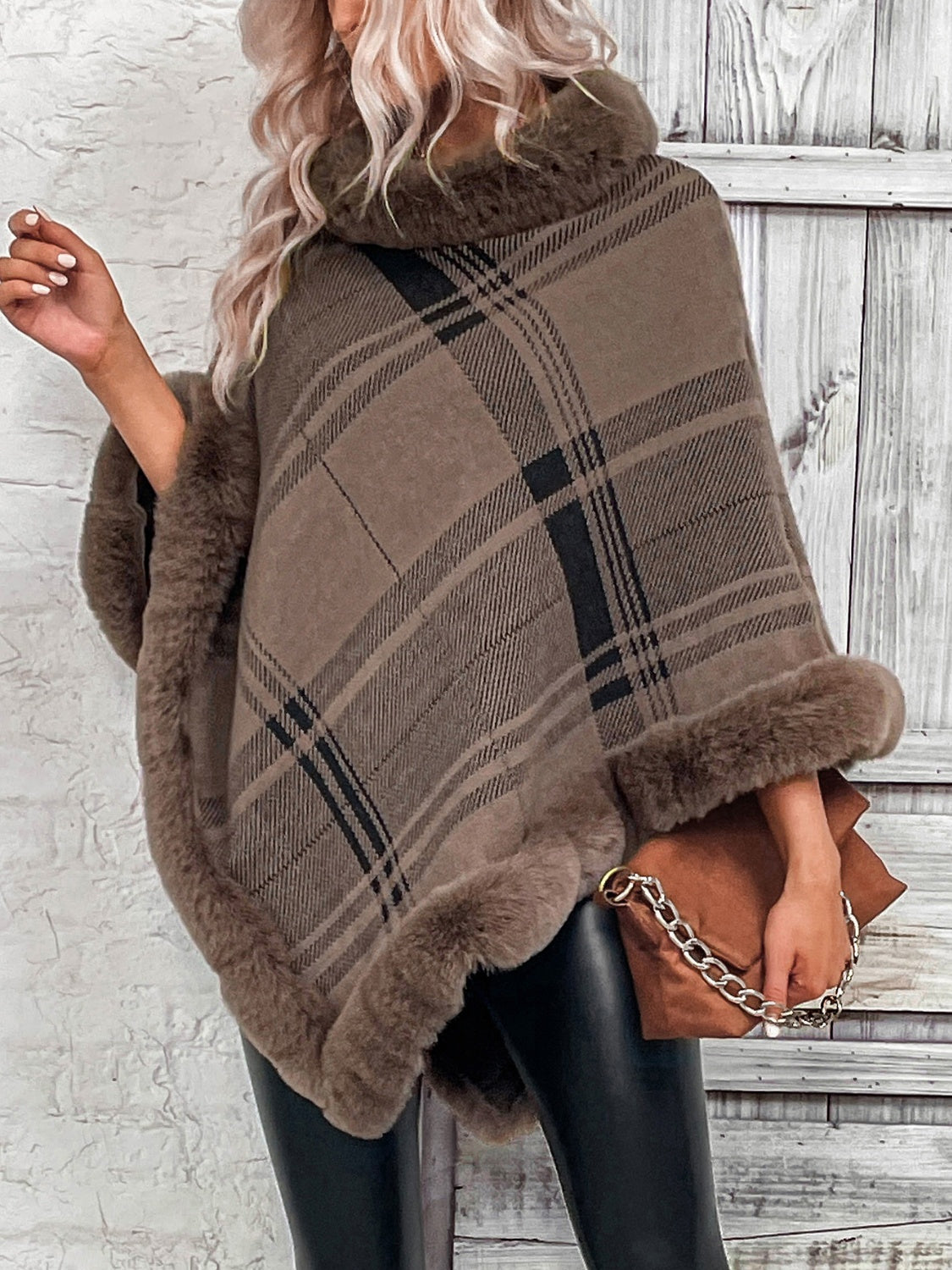 Plaid Faux Fur Trim Poncho - T - 1 COLOR -