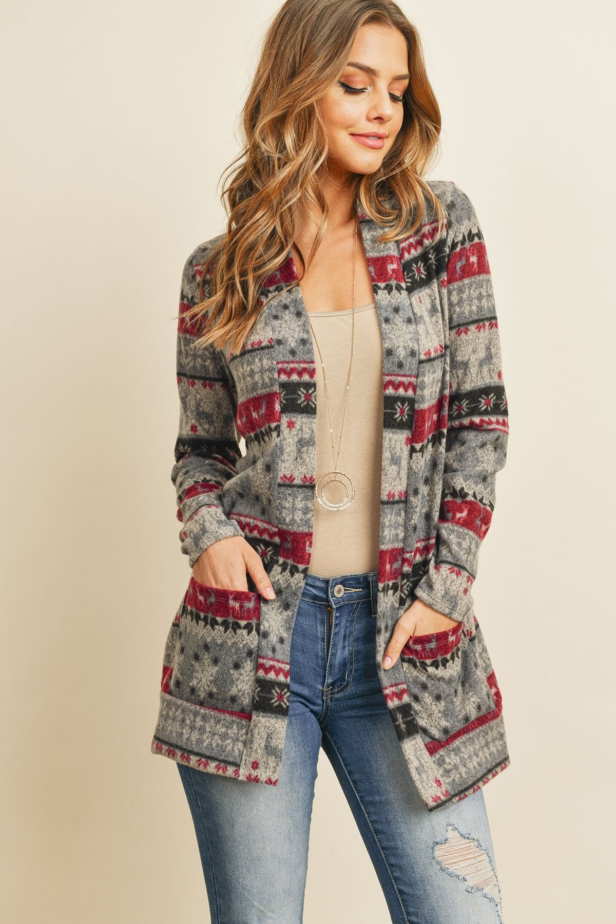 Riah Fashion - Boho Print Long Sleeved Front Pocket Open Cardigan - 2 COLOR COMBOS -