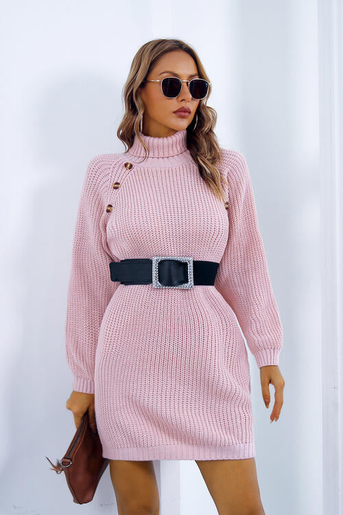 Buttoned Turtleneck Long Sleeve Sweater Dress - T - 3 COLORS -