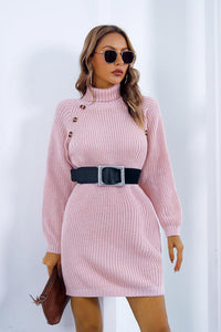 Thumbnail for Buttoned Turtleneck Long Sleeve Sweater Dress - T - 3 COLORS -