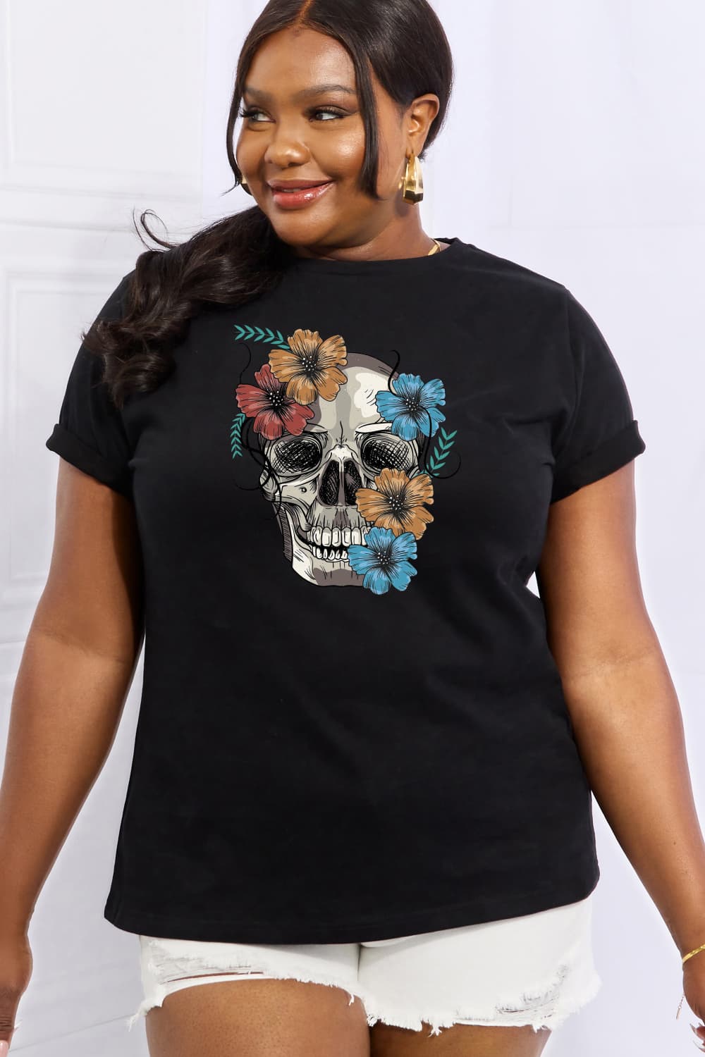 Simply Love Full Size Flower Skull Graphic Cotton Tee - T - 2 COLORS -