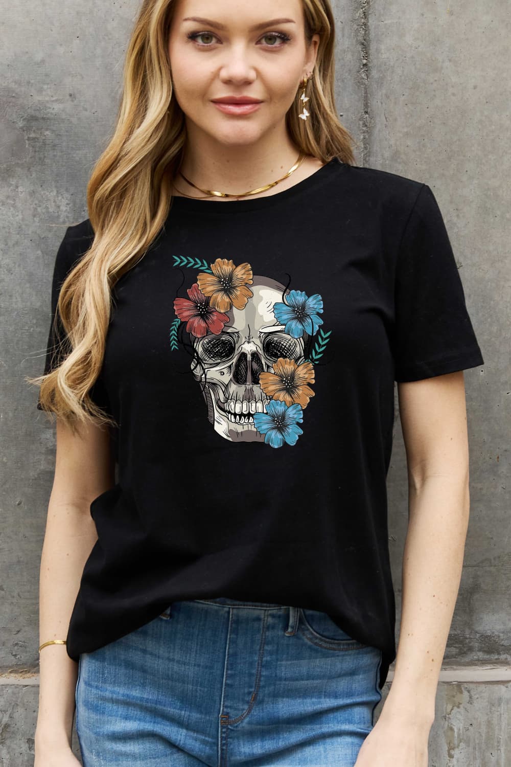 Simply Love Full Size Flower Skull Graphic Cotton Tee - T - 2 COLORS -