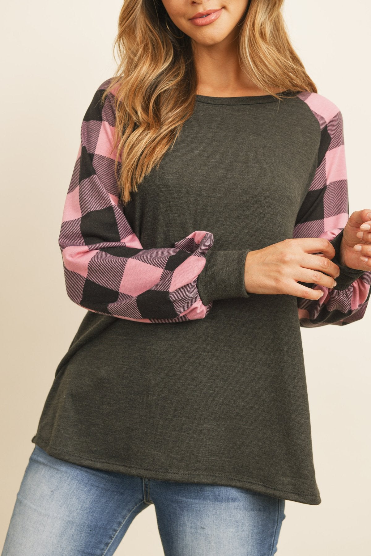 Riah Fashion - Plaid Puff Sleeved Round Neck Top - 3 COLORS -