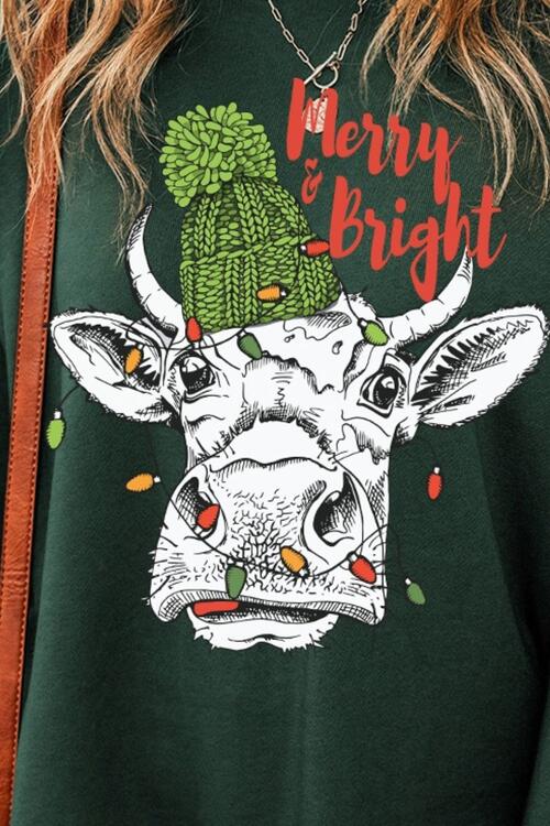 Merry & Bright Bull Graphic Round Neck Long Sleeve Sweatshirt - HOLY COW!? NO BULL - T - 1 COLOR -