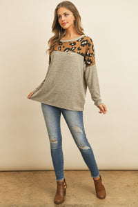 Thumbnail for Riah Fashion - Long Sleeve Leopard Contrast Hacci Brushed Top - 3 COLORS -