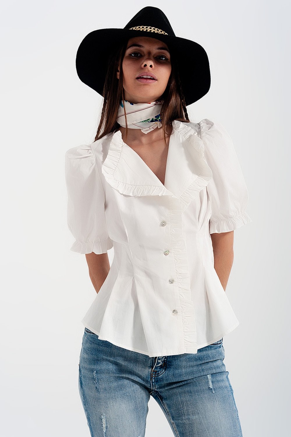 Q2 - Poplin Frill Detail Wrap Blouse in Cream - 1 COLOR -