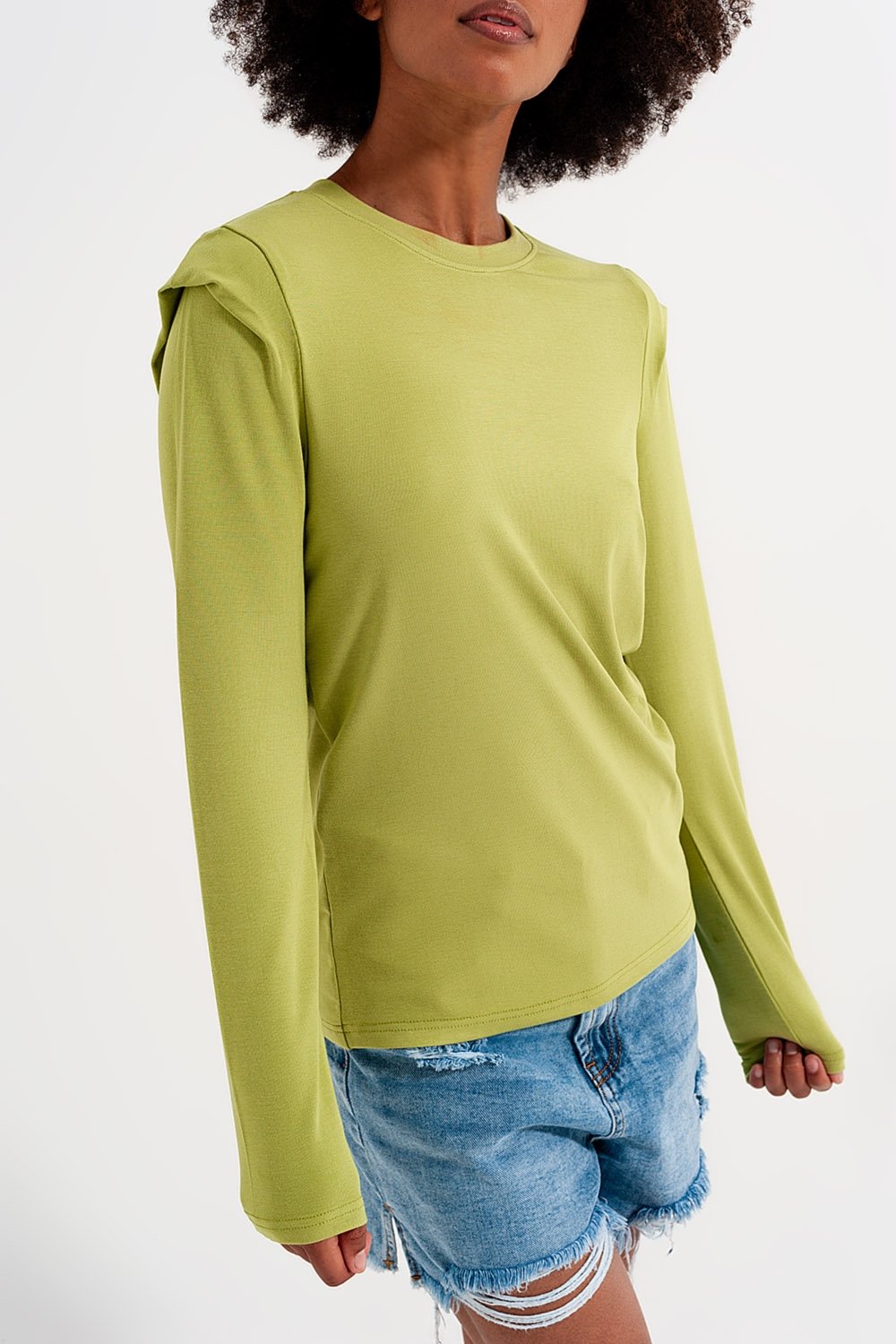 Q2 - Long Sleeve Top With Shoulder Detail in Green - 1 COLOR -