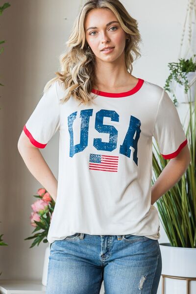 Heimish Full Size USA Contrast Trim Short Sleeve T-Shirt - T - 1 COLOR -