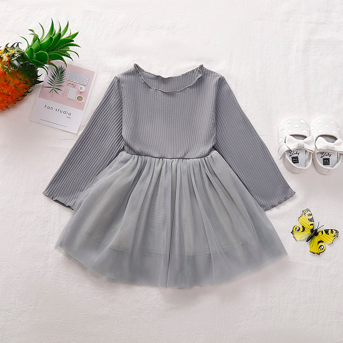 Girls Round Neck Ribbed Tulle Dress - T - 4 SIZES - 2 COLORS -