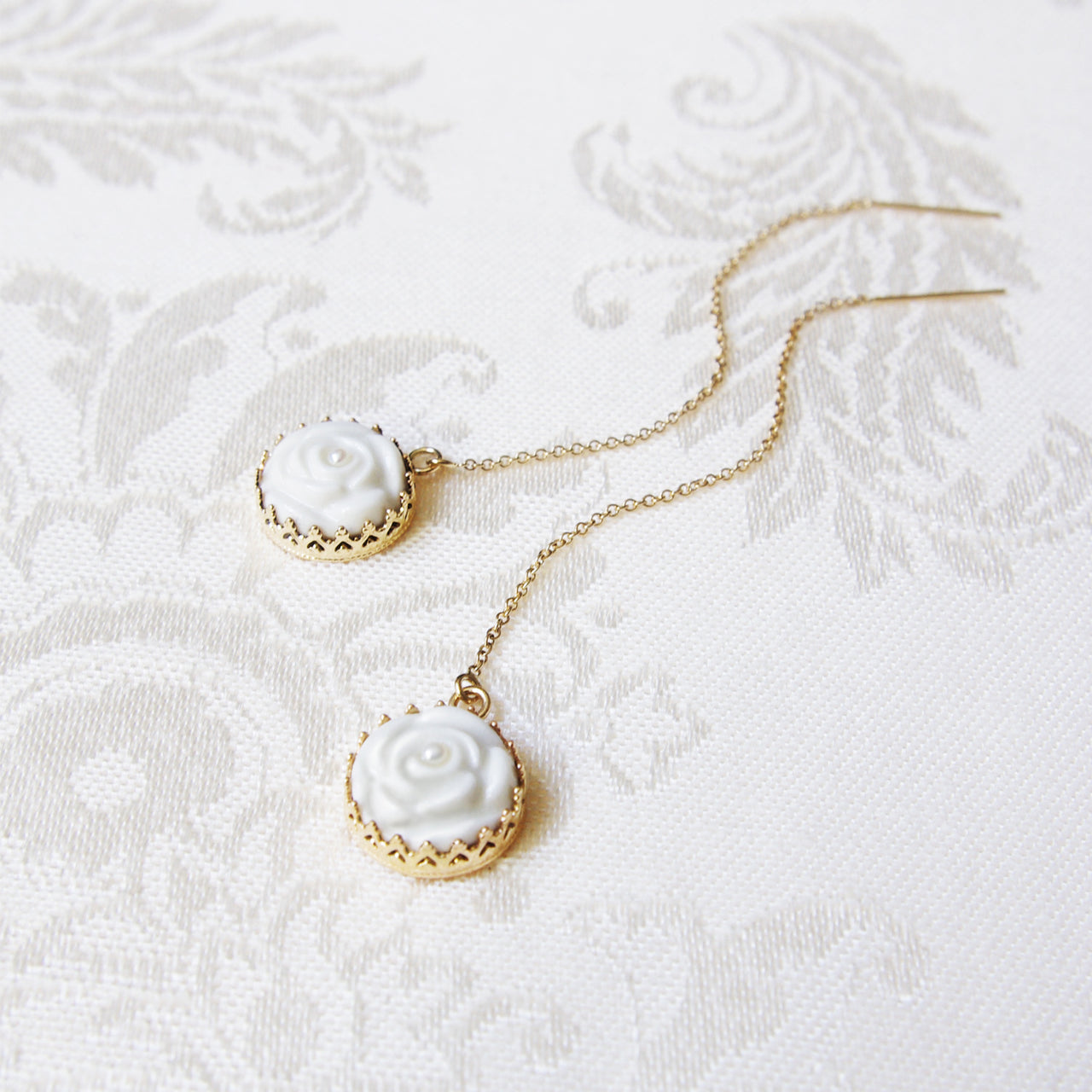 Porcelain Rose With Pearl Gold-Filled Chain Earrings -