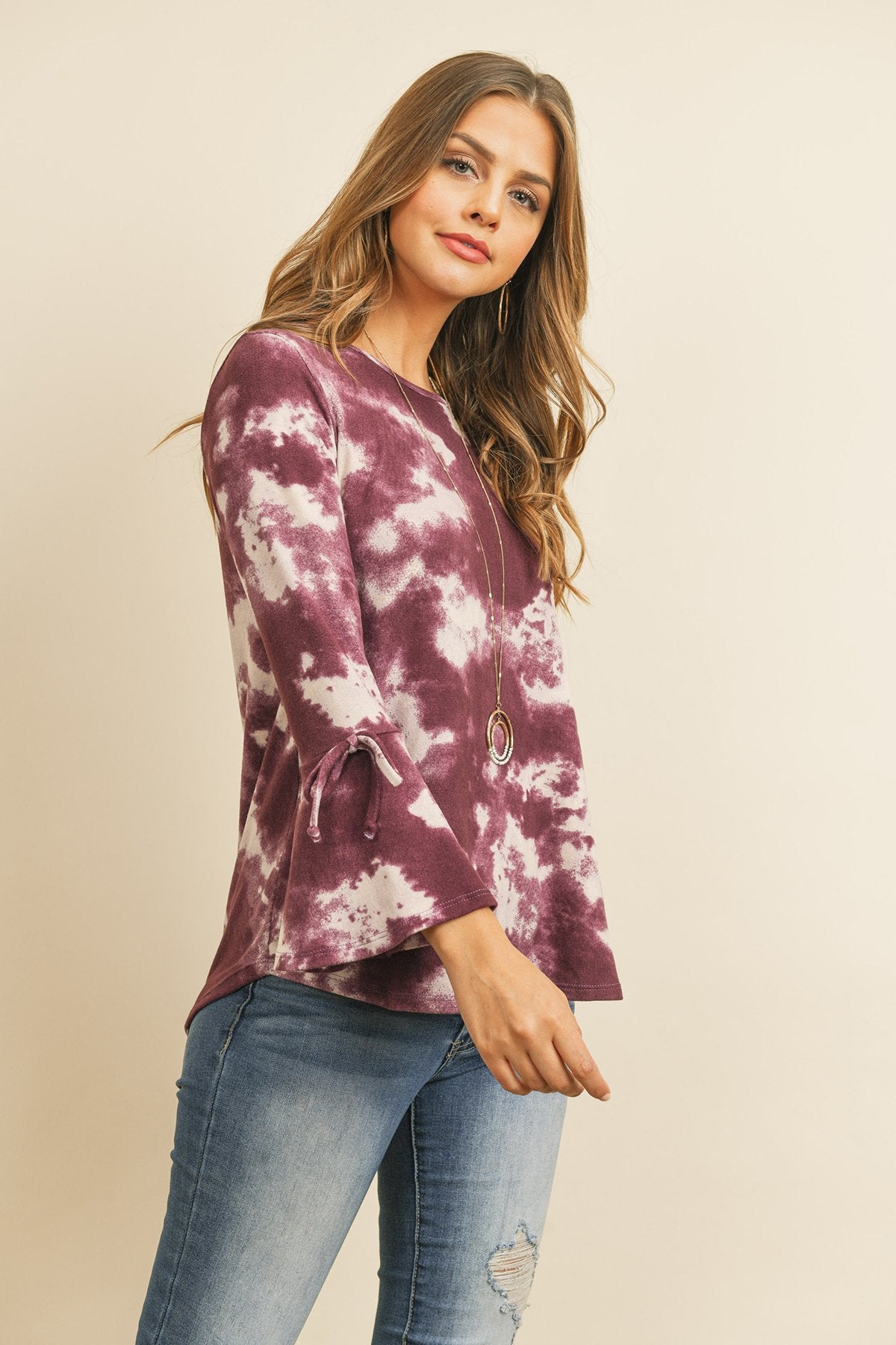 Riah Fashion - Tie Dye Bell Sleeved Ribbon Detail Swing Top - 3 COLORS -