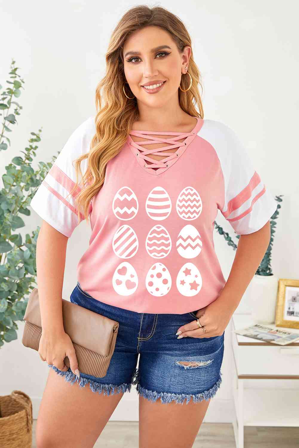 Plus Size Easter Egg Graphic Crisscross Tee Shirt - SIZES 1XL THRU 5XL - T - 1 COLOR -