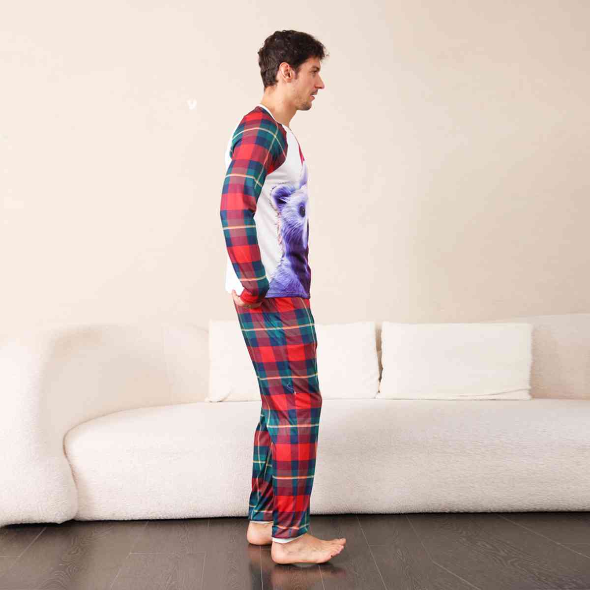 MEN Graphic Round Neck Top and Plaid Pants Set - T -