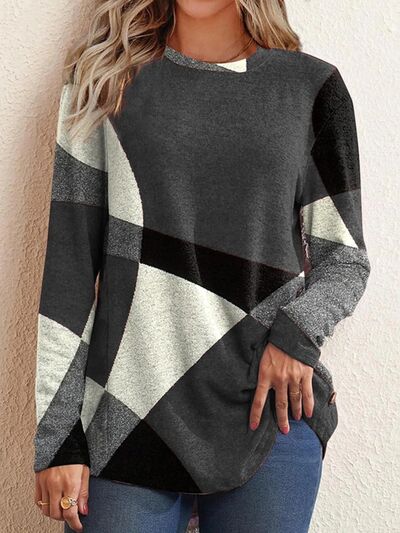 Geometric Round Neck Long Sleeve T-Shirt - T - 5 COLORS -