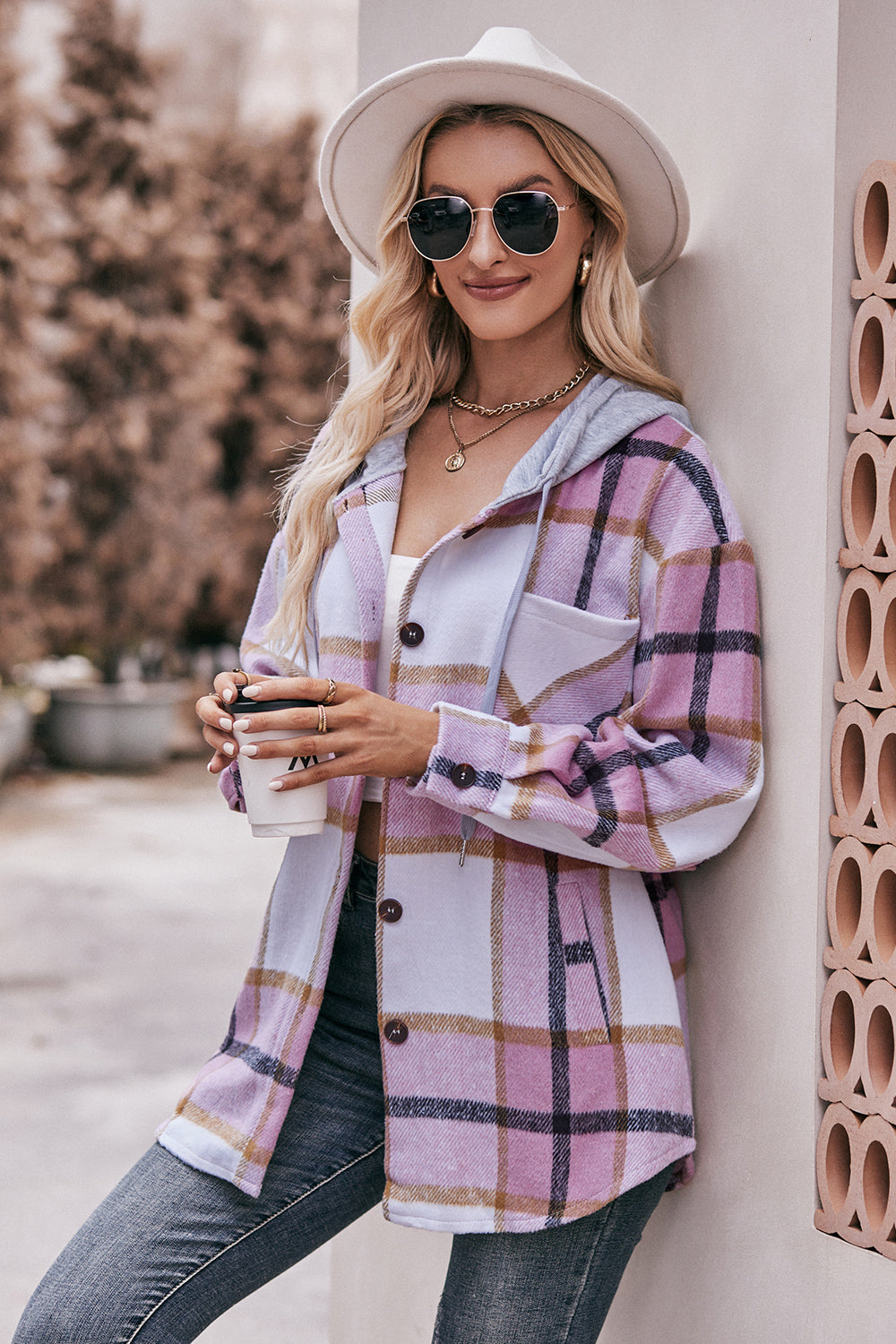 Plaid Dropped Shoulder Hooded Jacket - T - 5 COLORS -