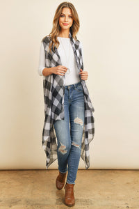 Thumbnail for Riah Fashion - Black Plaid Knee Length Kimono Cardigan - 1 COLOR -