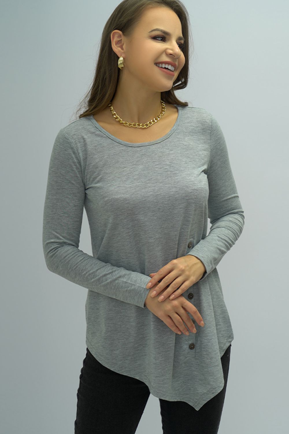 Buttoned Long Sleeve Round Neck Tee - T - 1 COLOR -