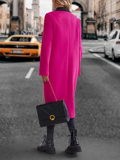 Collared Neck Buttoned Hot Pink Longline Coat - T - 1 COLOR -