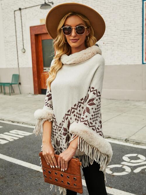 Fringe Geometric Cape Sleeve Poncho - 1 SIZE FIT - T - 6 COLORS -