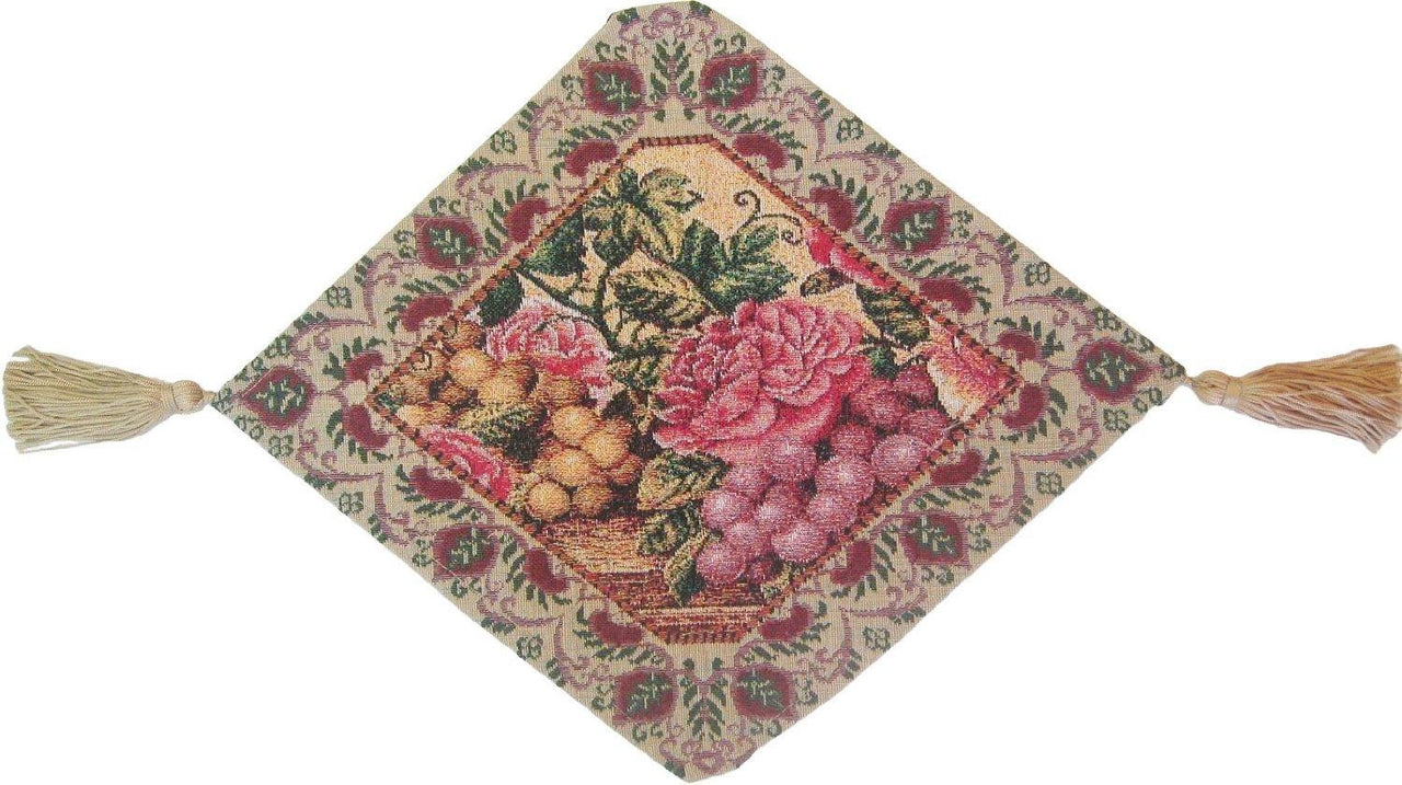 Rackandrefurbished - Romantic Parade of Fruit and Roses Floral Beige Pink Woven Place Mat Table Runners Cloths - 5 SIZES -