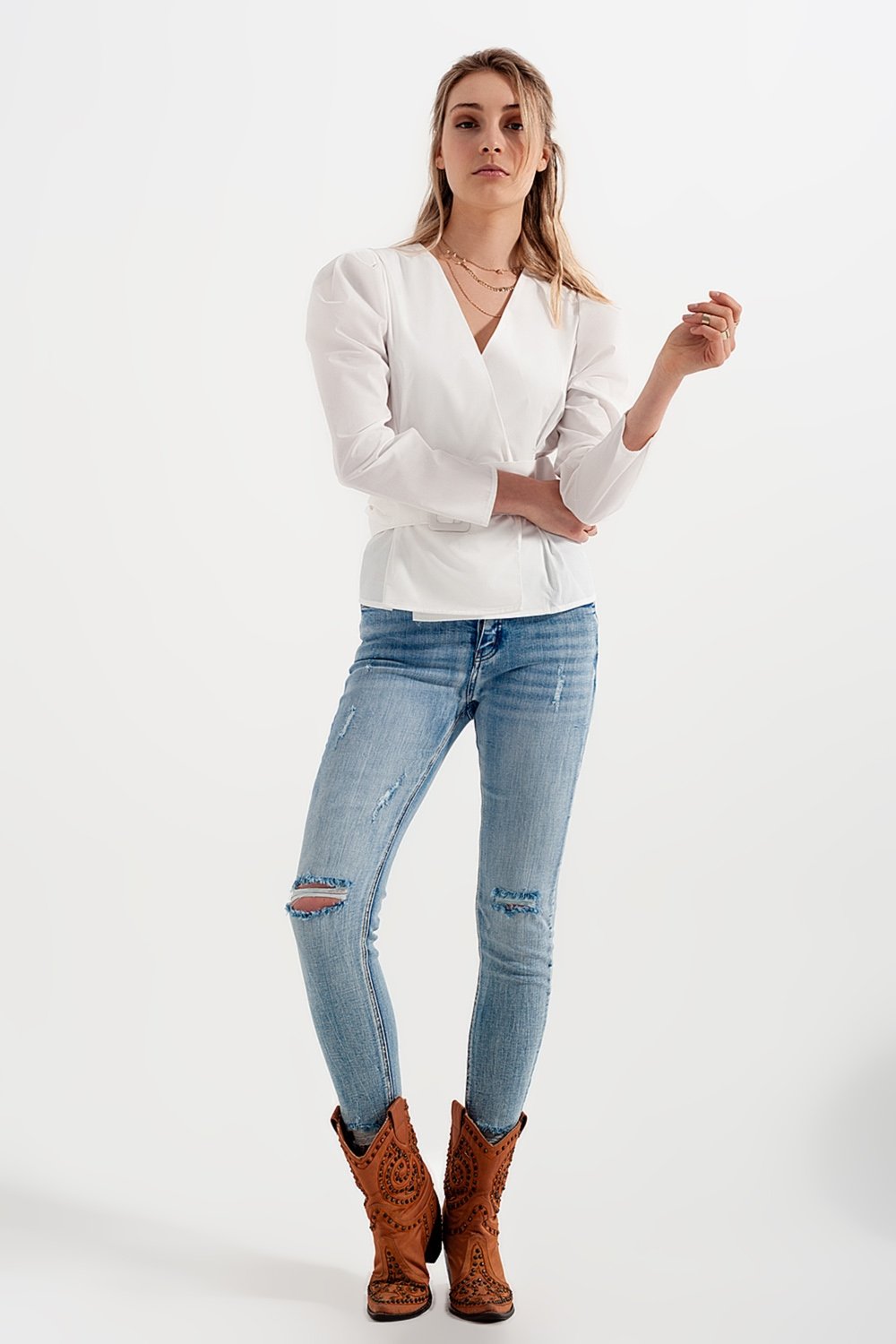 Q2 - Puff Sleeve Wrap Front Top With Belt Detail in White - 1 COLOR -