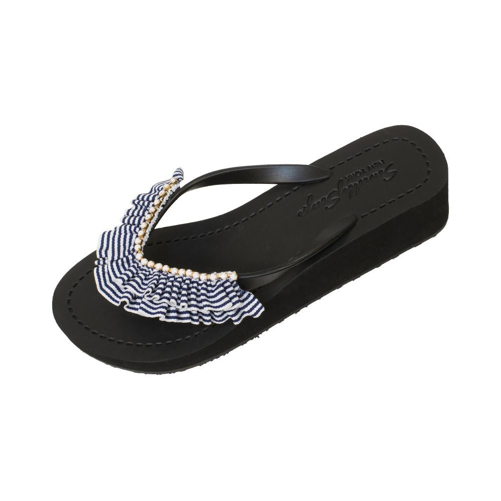 SAND BY SAYA N.Y. - Rockaway Stripe - Rhinestone & Ruffle Mid Wedge Flip Flops - 2 COLORS -