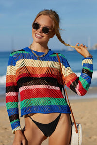 Thumbnail for Rainbow Stripe Openwork Long Sleeve Cover-Up - T - 1 COLOR -