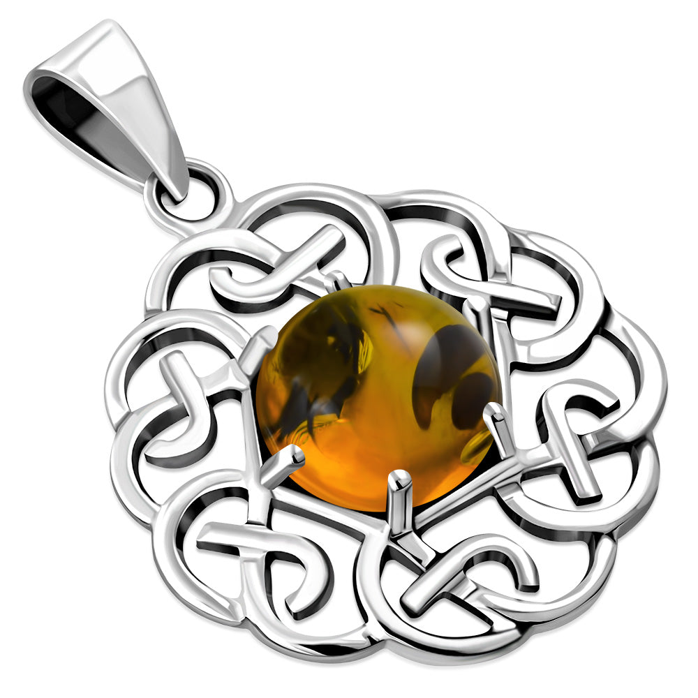 Creidne - Baltic Amber Round Celtic Knot Silver Pendant -