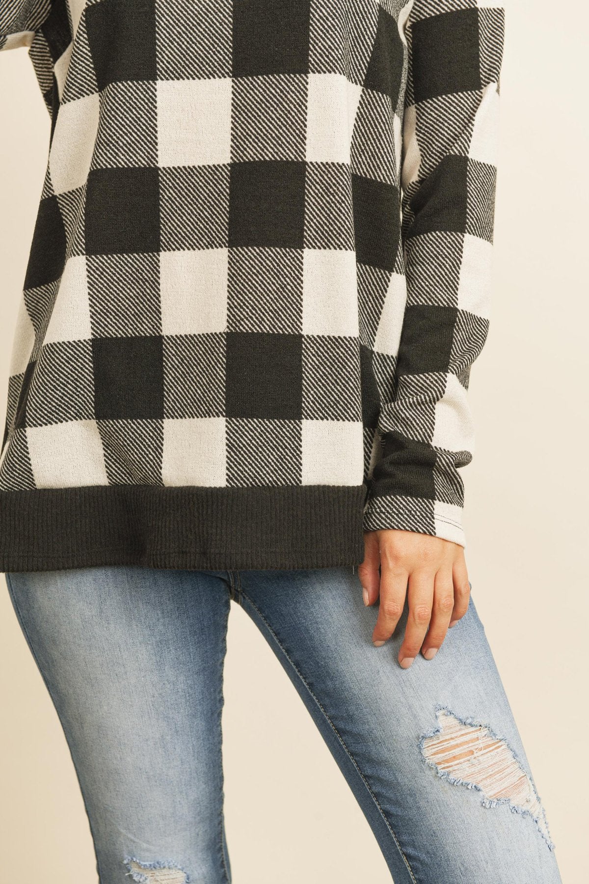 Riah Fashion - Checker Plaid V-Neck Long Sleeve Top - 2 COLORS -