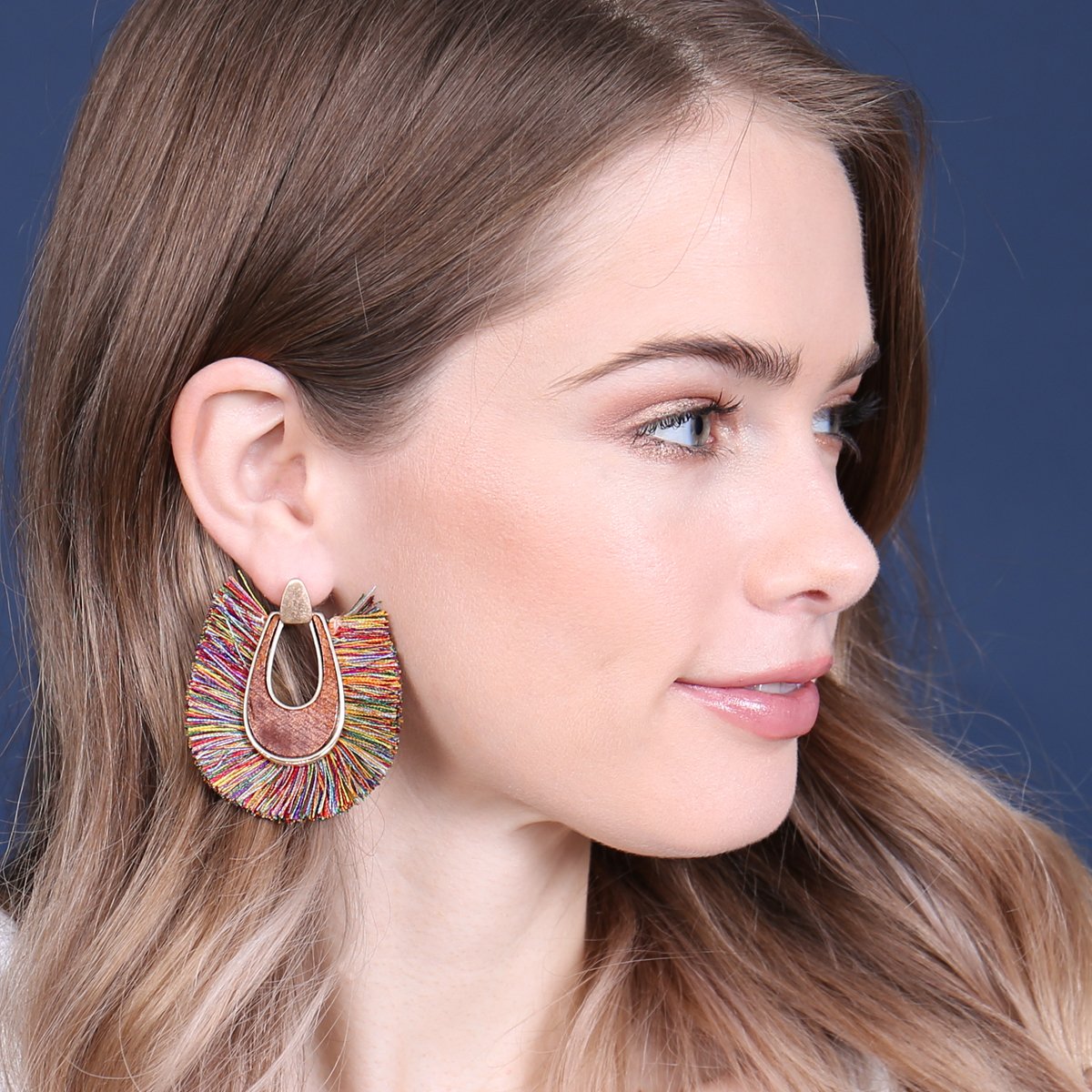 Wood With Thread Tassel Post Earrings - 11 COLORS -