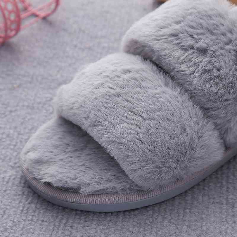 Faux Fur Double Strap Slippers - T - 5 COLORS -