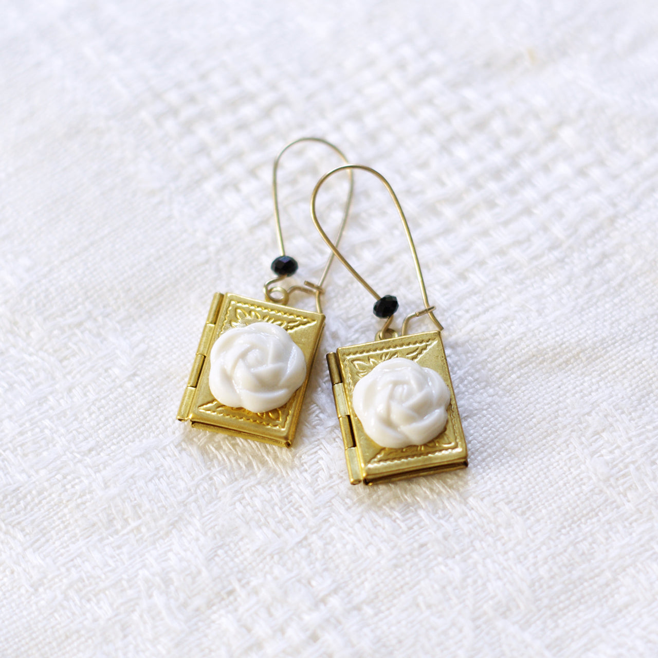 Porcelain Camellia Yellow Brass Book Locket Earrings -