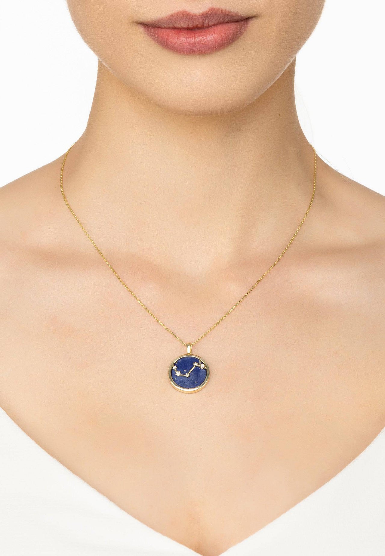 Zodiac Lapis Lazuli Gemstone Star Constellation Pendant Necklace Gold Aries -