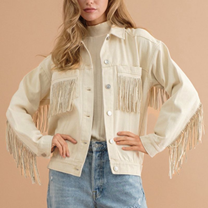 Fringe Detail Dropped Shoulder Denim Jacket - T - 3 COLORS -