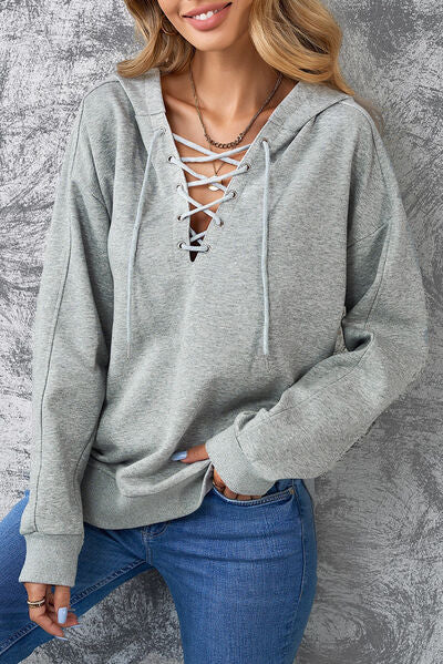 Lace-Up Dropped Shoulder Hoodie - T - 8 COLORS -