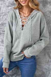 Thumbnail for Lace-Up Dropped Shoulder Hoodie - T - 8 COLORS -