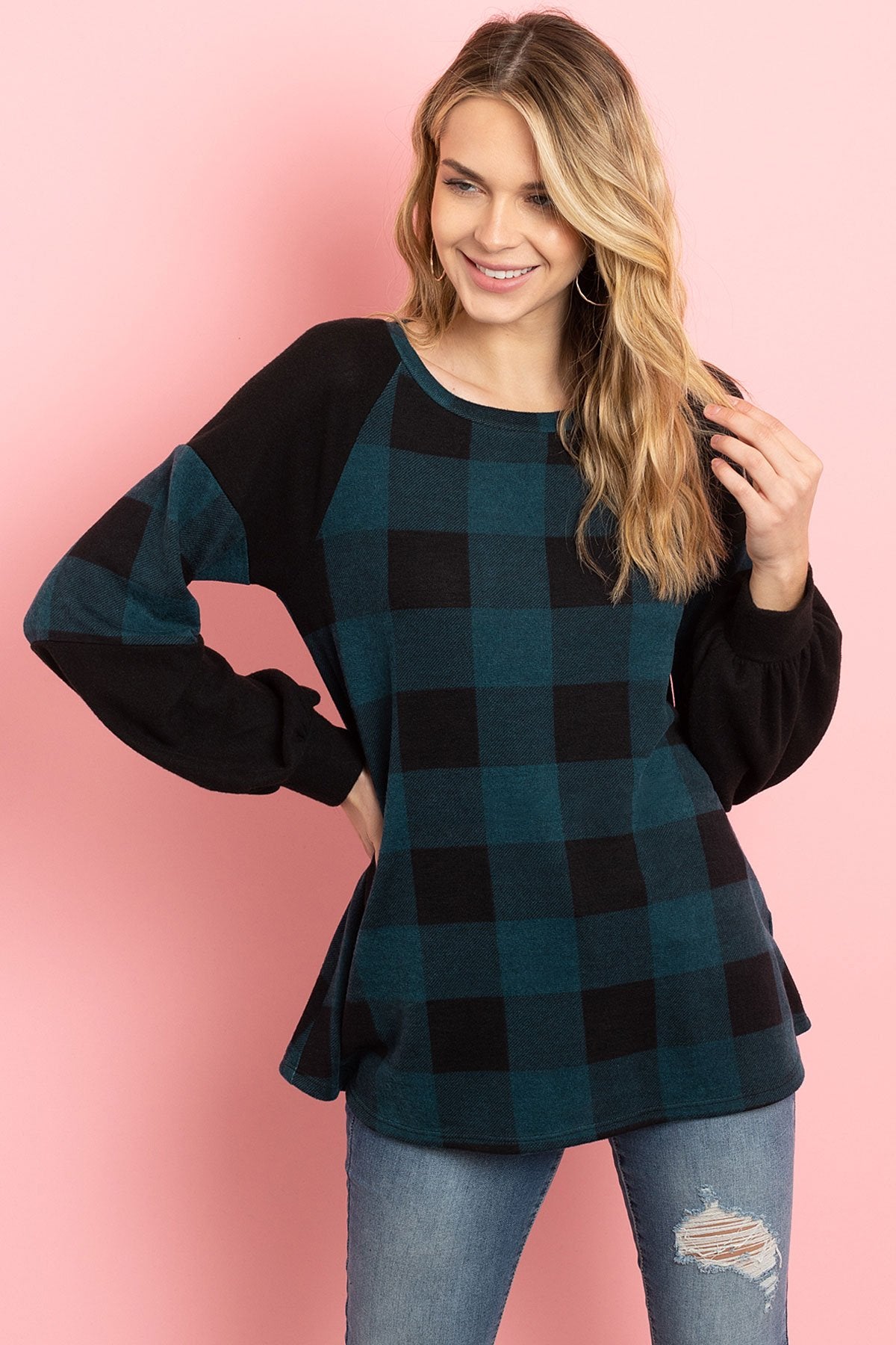 Riah Fashion - Solid Contrast Puff Sleeves Plaid Top - 3 COLORS -