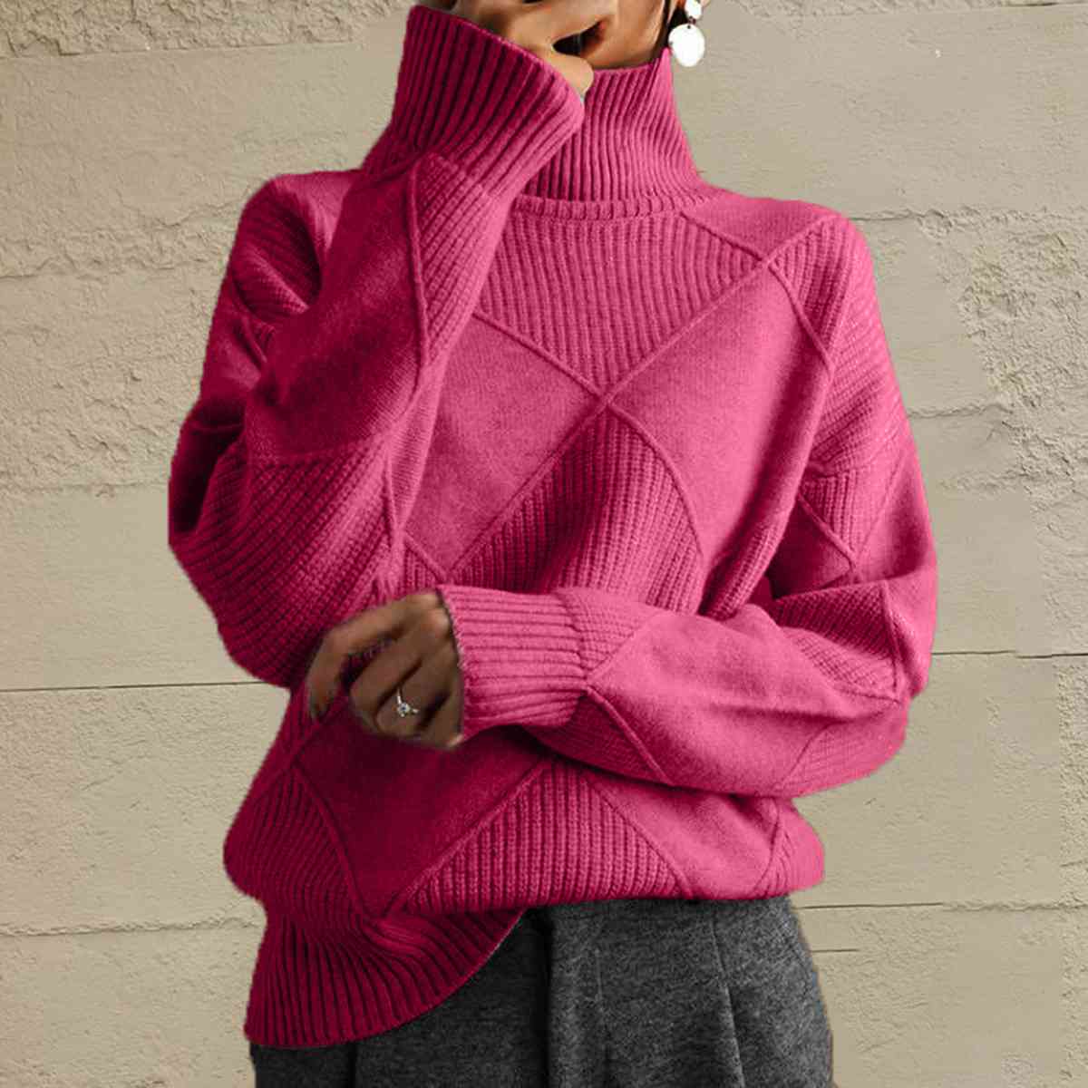 Geometric Turtleneck Long Sleeve Sweater - T - 8 COLORS -