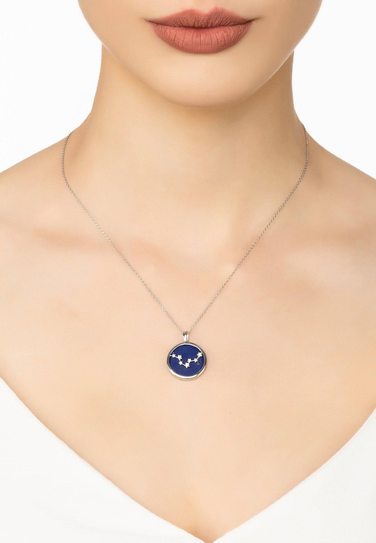 Zodiac Lapis Lazuli Gemstone Star Constellation Pendant Necklace Silver Pisces -