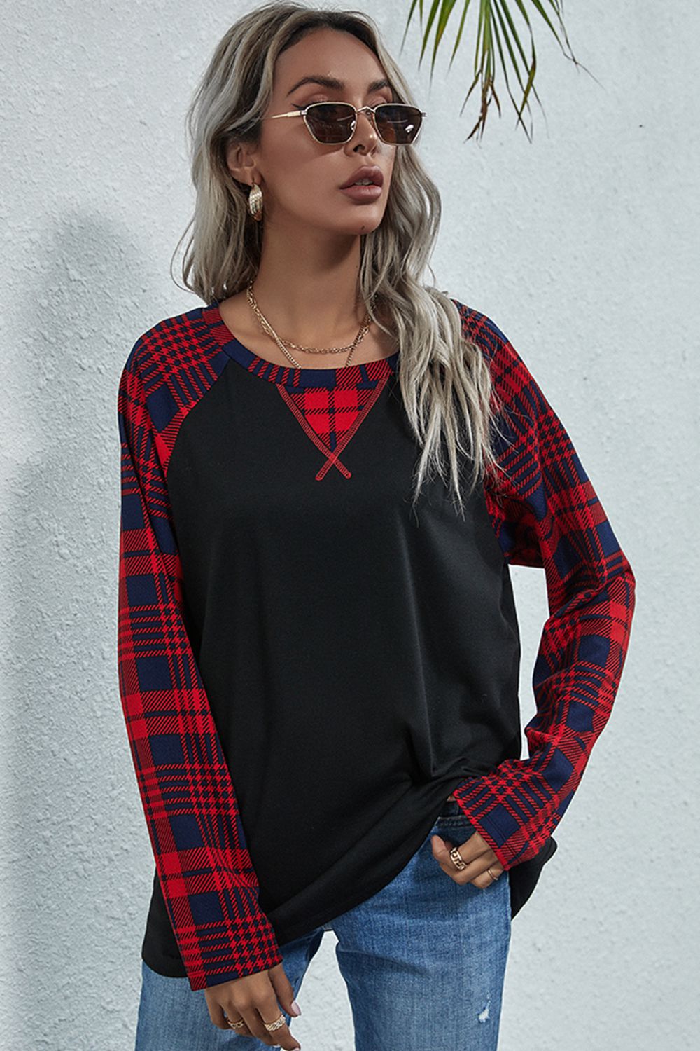 Plaid Print Long Raglan Sleeve Tee - T - 1 COLOR -