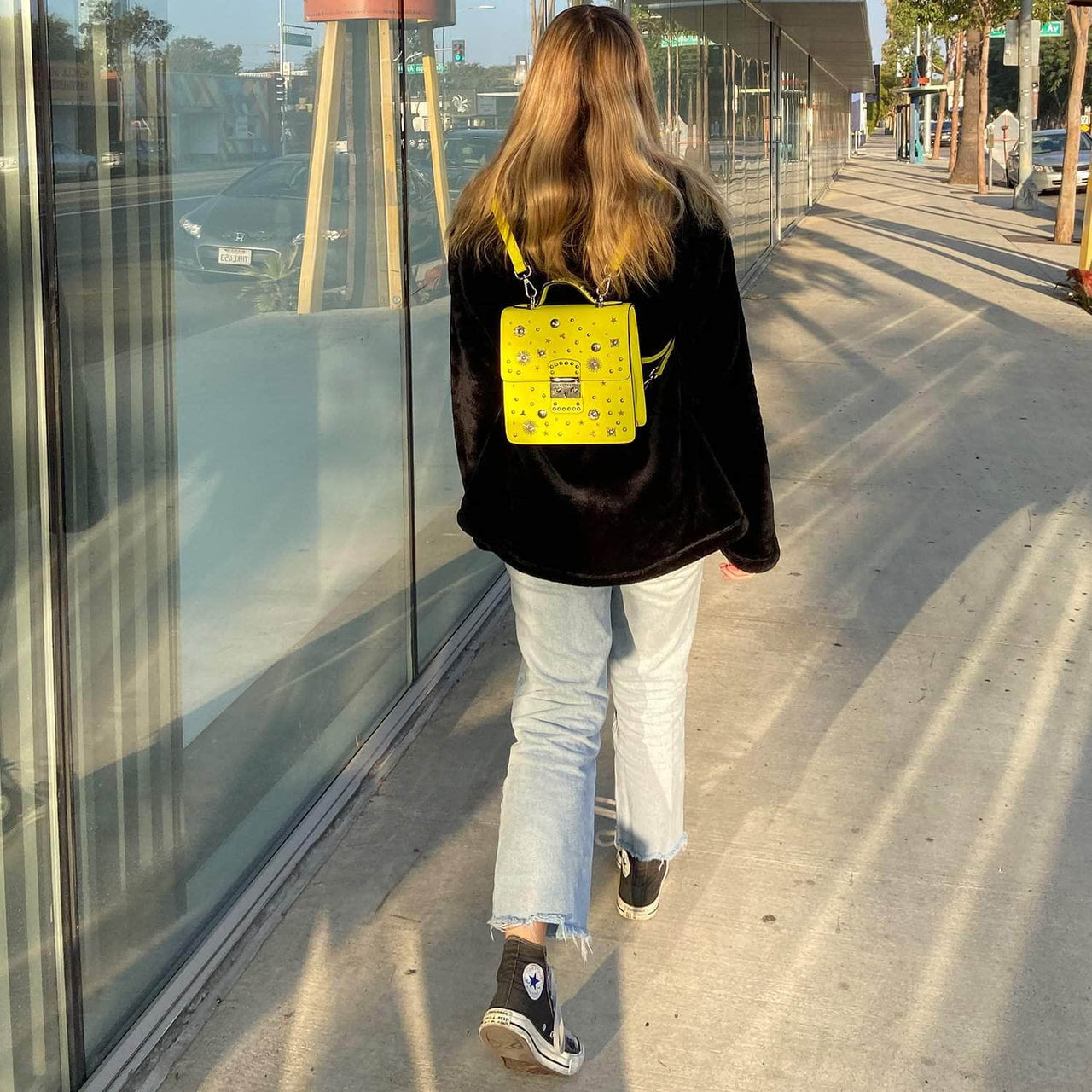 The Hollywood Backpack Purse Leather Yellow -