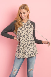 Thumbnail for Riah Fashion - Waffle Sleeve Leopard Drawstring Hoodie - 3 COLORS -