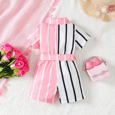 Striped Two-Tone Short Sleeve Tie Waist Romper - 1 PC. - T - 1 COLOR -