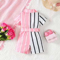 Thumbnail for Striped Two-Tone Short Sleeve Tie Waist Romper - 1 PC. - T - 1 COLOR -