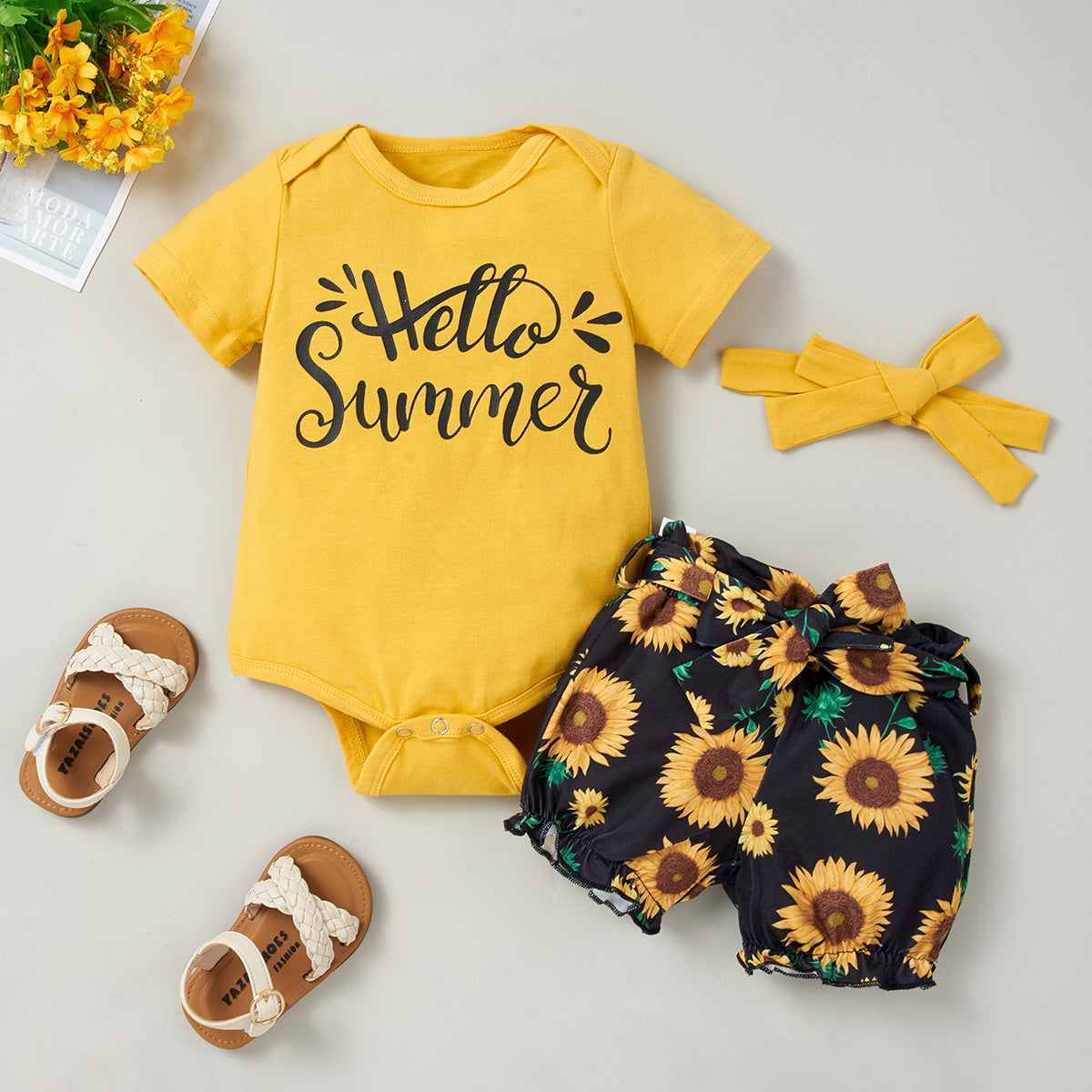 HELLO SUMMER Bodysuit and Sunflower Print Pants Set with Headband - 3 PCS - T - 1 COLOR COMBO -