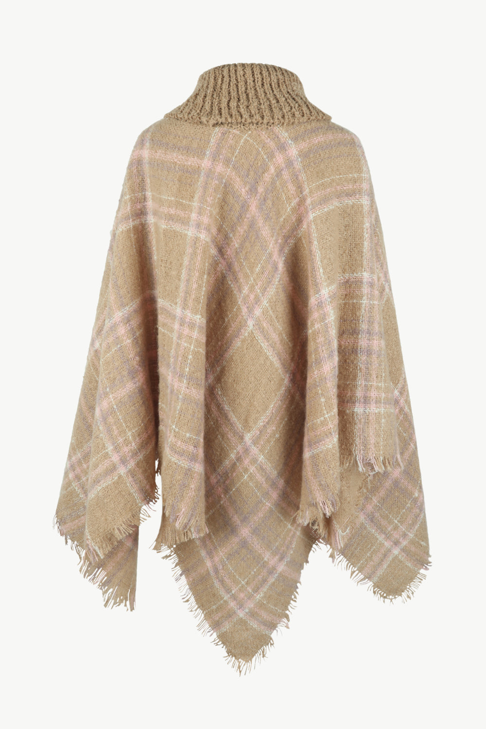 Plaid Turtleneck Fringe Hem Poncho - T - 6 COLORS -